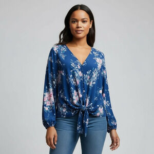 Casual V Neck Tie Front Floral Blouse
